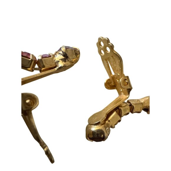 Vintage Gold-Tone Clip-On Earrings With Red & Pink Rhinestones - Picture 8 of 9